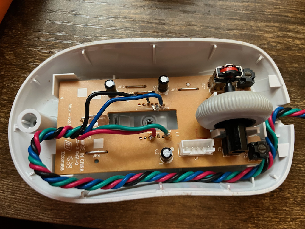 Printed Circuit Board of the Mouse in the case wired (view from above)