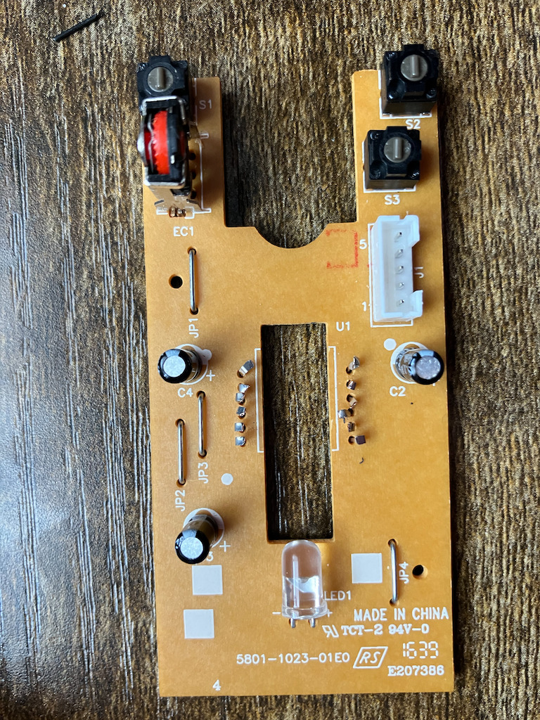 Printed Circuit Board of the Mouse with the main IC removed (view from above)